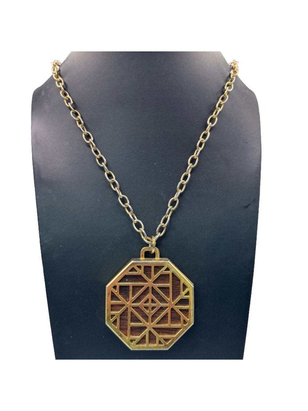 Tory Burch Gold Octagon Pendant Necklace Solid Perfume Geometric Design 29" Wood